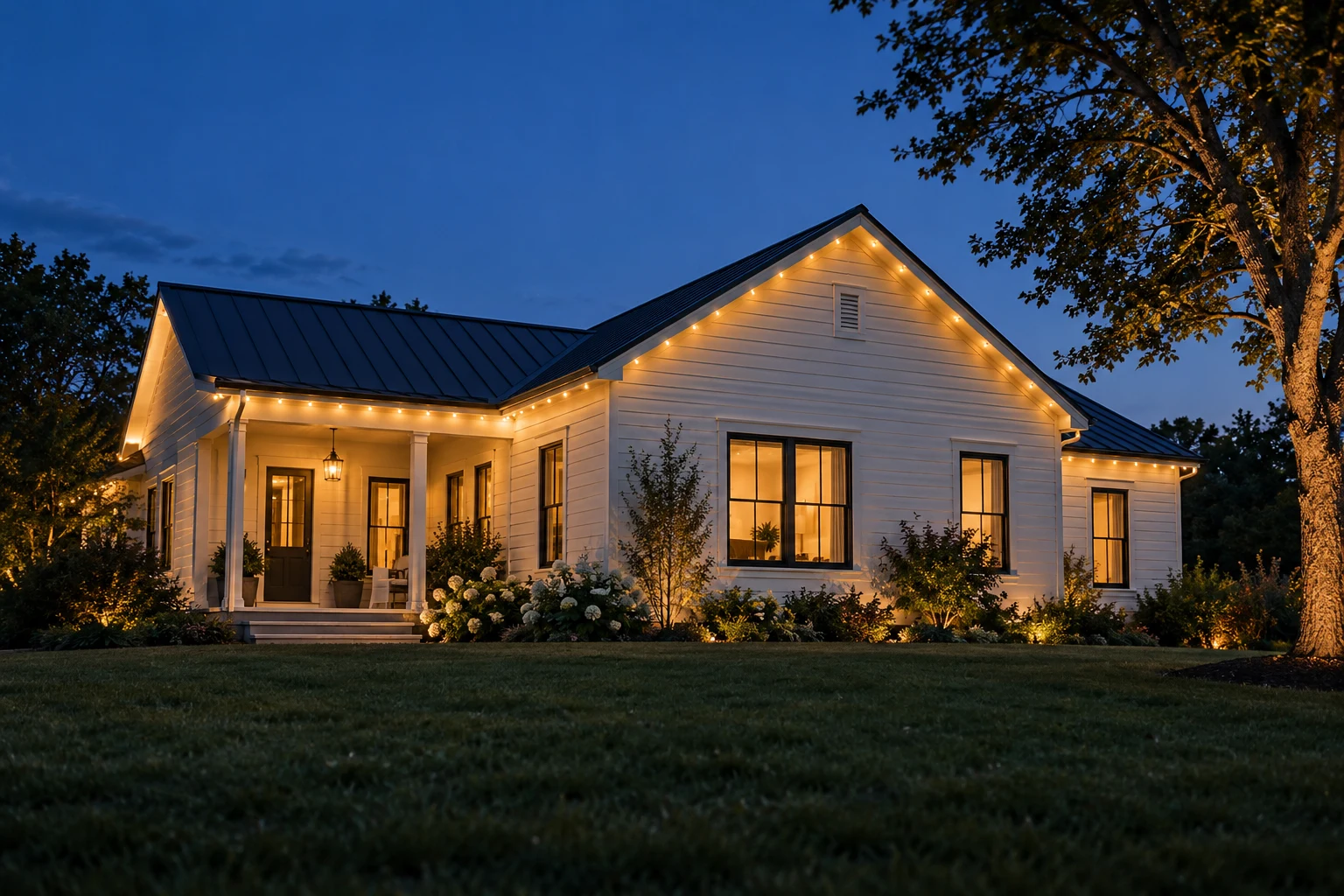 Fictional clapboard house after dark, illustrating warm-white roofline lighting, not a company installation.