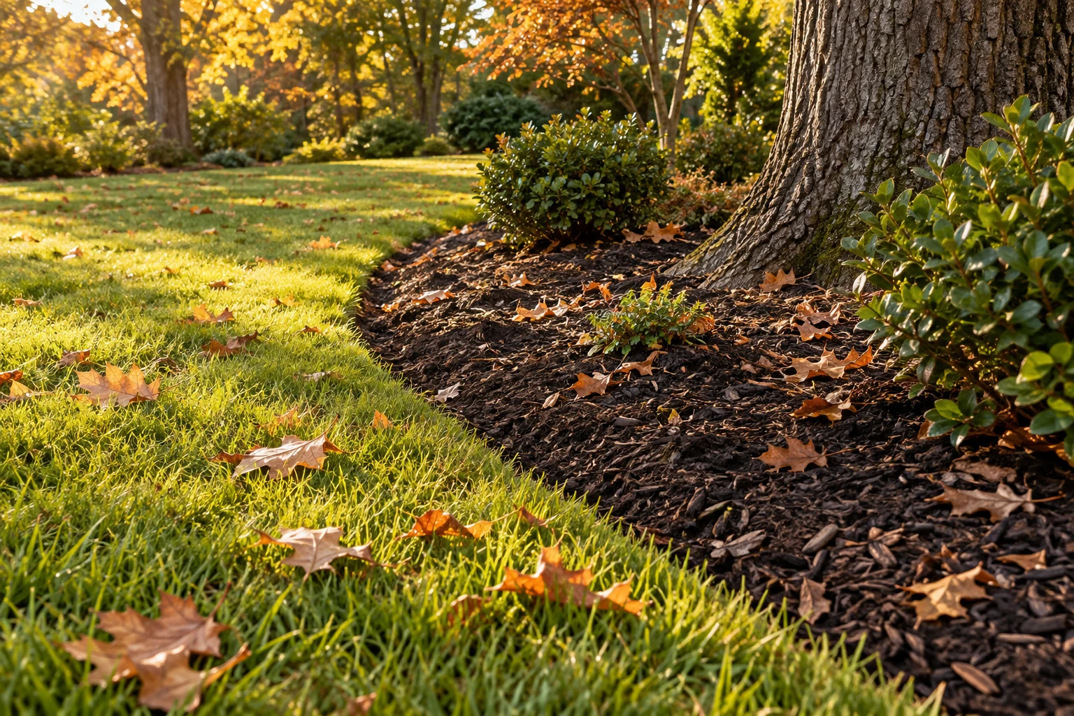Separate fictional autumn garden study: grass meets a mulched bed beneath an oak.